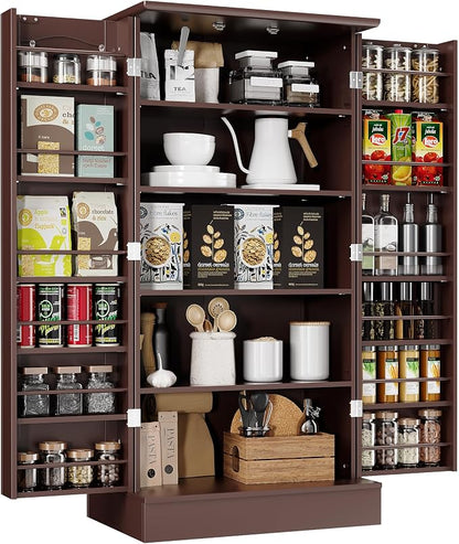 kepptory 47" Freestanding Kitchen Pantry Cabinet with Adjustable Shelves | Magnetic Doors & Anti-Tip Device, Storage Cupboard for Kitchen Laundry Living Room, Walnut