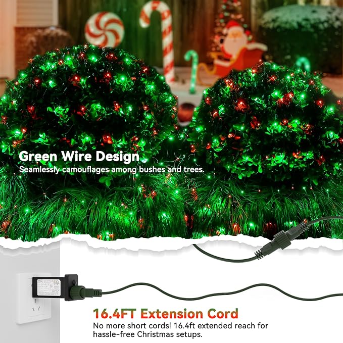 LitHome 14.8FT x 5FT Christmas Net Lights Outdoor Waterproof Connectable | 8 Modes 300 LED Red Green Bush Lights, Net Mesh Light Dark Green Wire for Bushes Shrubs Outdoor Christmas Holiday Decor