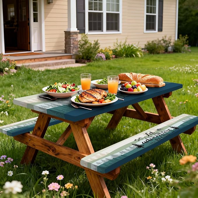 Picnic Table Cover with Bench Covers, Rectangle Tables, Waterproof Elastic Fitted Tablecloths for 6 Foot, Washable Tablecloth for Camping, Outdoor (Green, 30"x96")