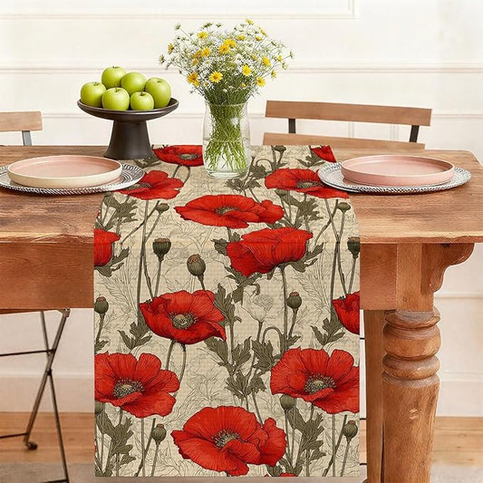 Poppy Table Runner,Dining Decor for Kitchen Coffee Table Family Dinners Holiday Parties Wedding Events Decor(13x72 inch)