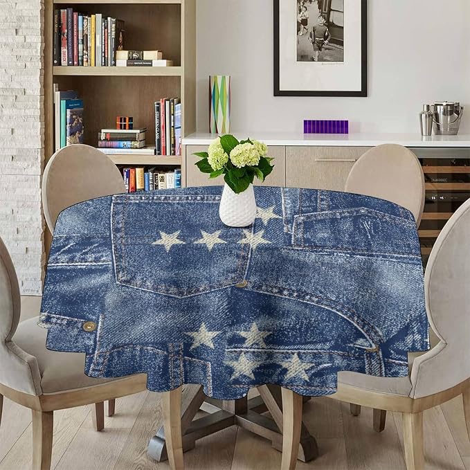 Denim Patchwork Style Round Tablecloth, Fashionable Blue Denim Jean Pocket Design Water Resistant Wipeable Table Cover for Farmhouse Picnic Party Holiday Kitchen Dinner Table 70"