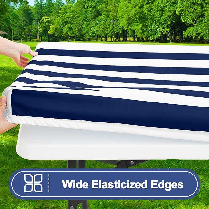 Smiry Picnic Table Cover with Bench Covers, Waterproof Elastic Fitted Tablecloth for 8 Foot Tables, Washable Polyester Tablecloths for Camping, Indoor & Outdoor (Navy Stripe, 30x96 Inch 3-pc Set)
