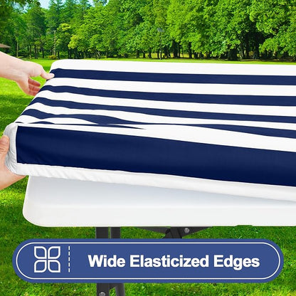 Smiry Picnic Table Cover with Bench Covers, Waterproof Elastic Fitted Tablecloth for 8 Foot Tables, Washable Polyester Tablecloths for Camping, Indoor & Outdoor (Navy Stripe, 30x96 Inch 3-pc Set)