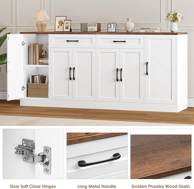 71” Large Buffet Cabinet, Sideboard with Adjustable Shelves | 6 Soft-Close Doors, Sideboard Wood Coffee Bar Console Table for Kitchen, Dining Room (White)