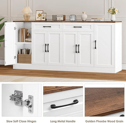 71” Large Buffet Cabinet, Sideboard with Adjustable Shelves | 6 Soft-Close Doors, Sideboard Wood Coffee Bar Console Table for Kitchen, Dining Room (White)