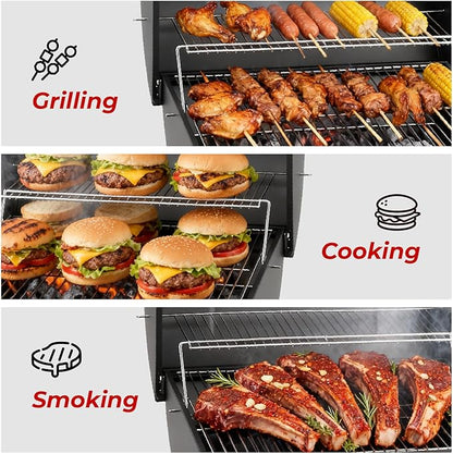 VINGLI Upgraded Barrel Charcoal Grill with 2 Sides Table, BBQ Grill Outdoor Smoker with Wheels for Party Garden Patio and Backyard Cooking 39''D × 24''W × 46''H (Upgraded Grill w/Side Table)