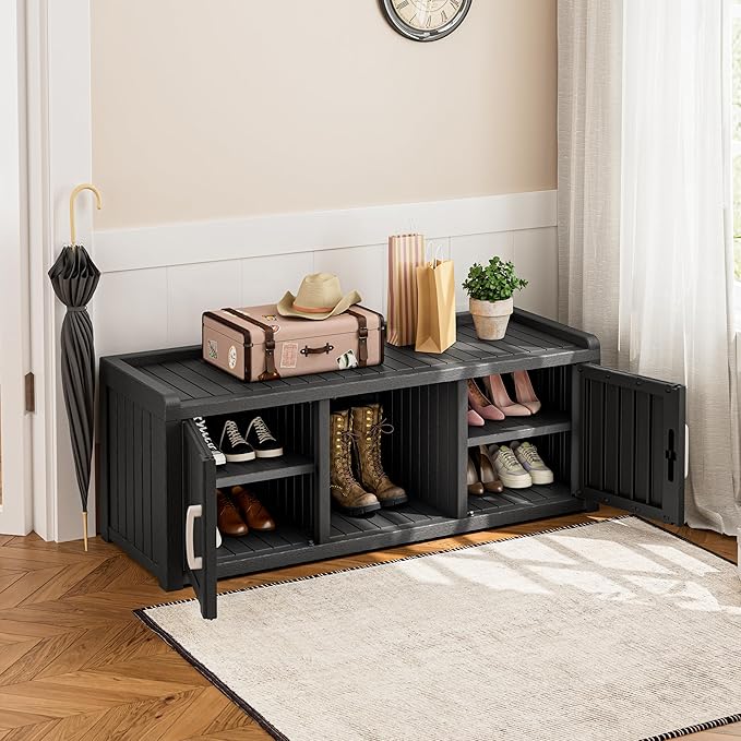 Bifanuo Shoe Storage Cabinet, 2-Door Outdoor Storage Bench with Adjustable Shelves, Waterproof UV-Resistant for Hallway, Living Room, Entryway, Large Capacity Modern Organizer (Black)
