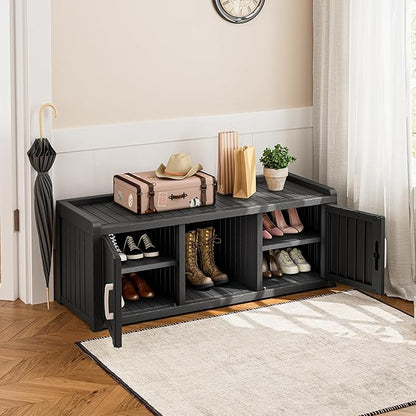 Bifanuo Shoe Storage Cabinet, 2-Door Outdoor Storage Bench with Adjustable Shelves, Waterproof UV-Resistant for Hallway, Living Room, Entryway, Large Capacity Modern Organizer (Black)