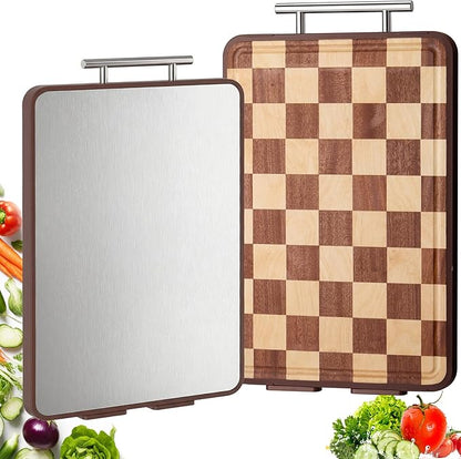 2 Pcs Checkered Cutting Board for Kitchen, 2 Sizes End Grain Wooden Cutting Board with Juice Grooves Handles,Charcuterie Checkered Chopping,Double Sided for Cooking, Serving, Meat,Vegetables
