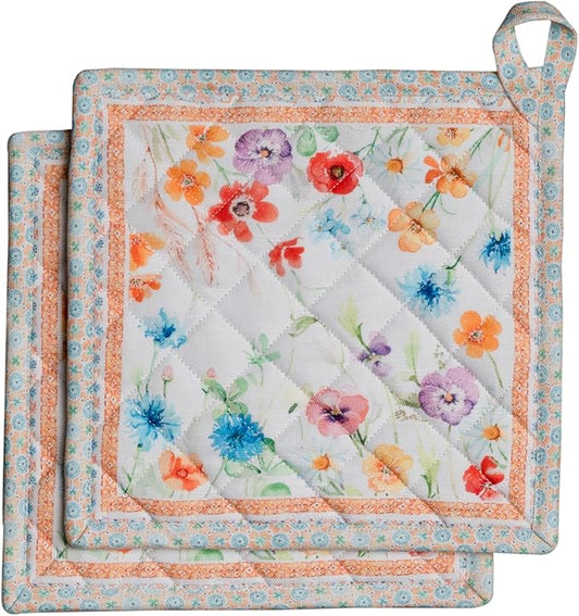 Maison d' Hermine Pot Holders 100% Cotton Heat Resistant Potholders 8" x 8" Hot Pads with Loop BBQ Cooking Baking Hotel Farmhouse Kitchen Handling Hot Pans Spring Summer (Pack of 2, Summer Whisper)