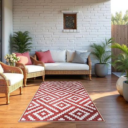 GENIMO Outdoor Rug 3'x5' Waterproof for Porch, Plastic Door Mat Ruby White | Outside Modern Carpet for Patio Decor, Balcony, Deck, Backyard, Picnic, Camping, RV, Reversible, Foldable, Lightweight
