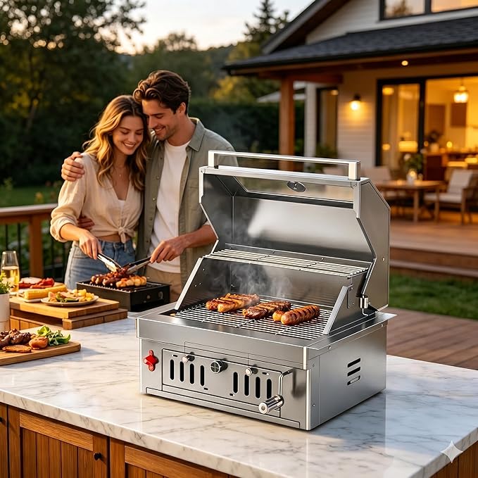 27-IN Premium Portable 304 Stainless Steel Built-in Charcoal Grill with Adjustable Charcoal Tray, Large Front Access Door, Side Vents, and Viewing Window,Ideal for Outdoor Family BBQ Gatherings
