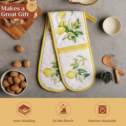 Maison d' Hermine Double Oven Mitts 100% Cotton 7"x35" Double Oven Mitt Heat Resistant BBQ Cooking Gloves with Loop Baking Grilling Kitchen Hotel Home Farmhouse Spring Summer (Limoncello)