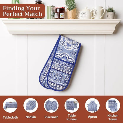 Maison d' Hermine Double Oven Mitts 100% Cotton Double Oven Glove (7"x35") | Heat Resistant BBQ Cooking Gloves with Loop Baking Grilling Kitchen Hotel Home Farmhouse Spring Summer - Melodie Bleue