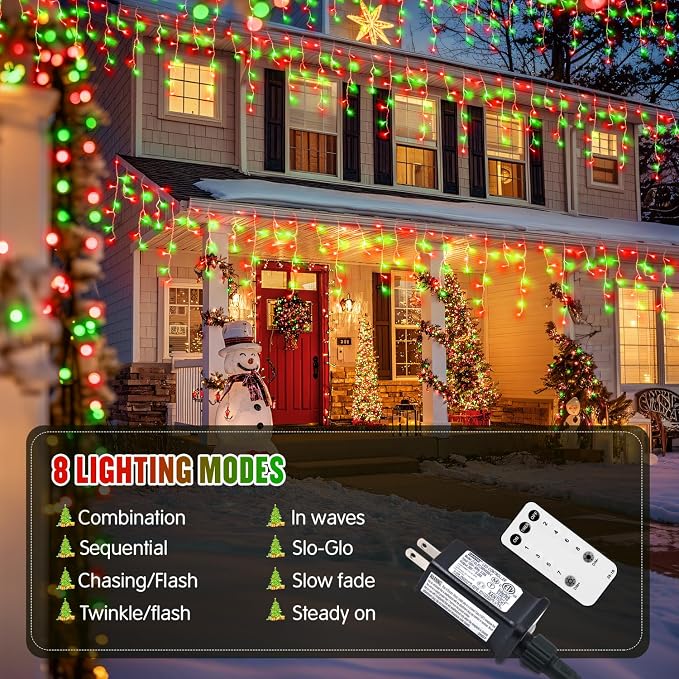 JMEXSUSS 400 LED 38.8ft Red and Green Christmas Icicle Lights Outdoor | Icicle Lights Plug in, Hanging Outdoor Indoor for Christmas House Party Holiday Decorations