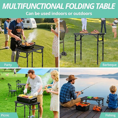 VINTEAM Camping Folding Grill Table | 3 Adjustable Heights | Lightweight, Portable Aluminum Table for BBQs, Picnic, and Outdoor Use | Mesh Desktop, 66lbs Weight Capacity
