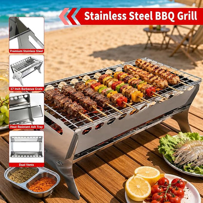 Portable Charcoal Grill, Stainless Steel Folding BBQ Grill, Heavy Duty Camping Fire Pit, Tabletop Charcoal Grills for Outdoor Cooking, Picnic, Tailgate, Beach, Backyard, 17 * 10.3 * 8.7 inch
