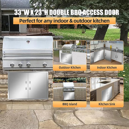 Outdoor Kitchen Doors 33W x 23H Inch, Double BBQ Access Doors 304 Stainless Steel for Outdoor Kitchen Cabinet Grill Station or BBQ Island