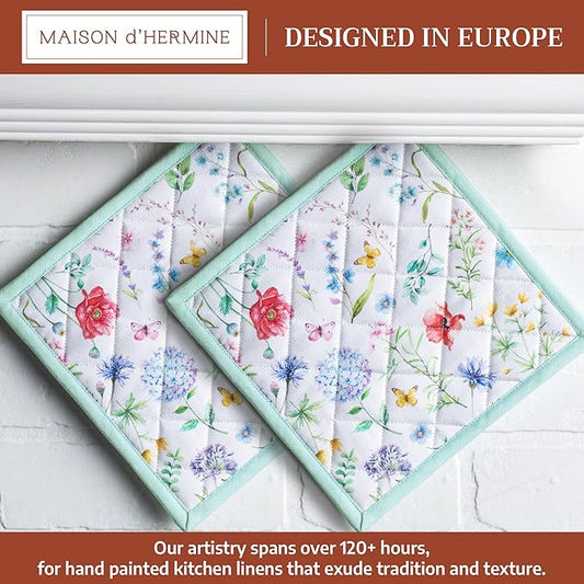 Maison d' Hermine Pot Holders 100% Cotton Heat Resistant Potholders 8" x 8" Hot Pads with Loop BBQ Cooking Baking Hotel Farmhouse Kitchen Handling Hot Pans Spring Summer (Pack of 2, Just Floral)