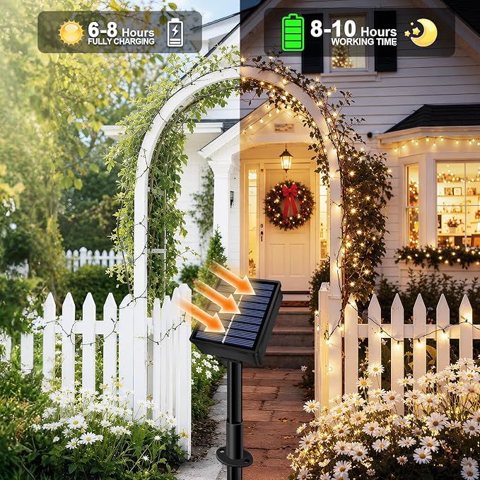 Solar String Lights Outdoor 2 Pack Total 66FT 200LED Solar Fairy Lights Waterproof 8 Modes Twinkle Solar Lights for Patio, Garden Yard Party Wedding Tree Christmas Halloween Decoration, Warm White