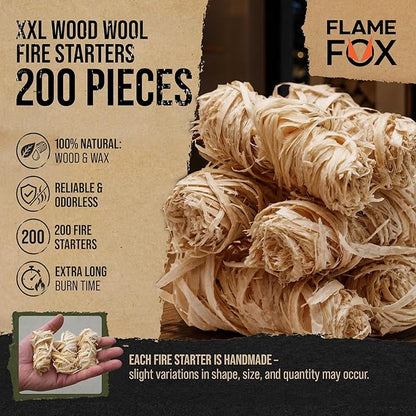 FlameFox Fire Starters 200 pcs – Natural Wood Wool Tumbleweed Fire Starter – Odorless Long Burning and Eco Friendly Firestarters – for Fireplace, Campfire, Grill, BBQ, Charcoal, Wood Stove & Fire Pit
