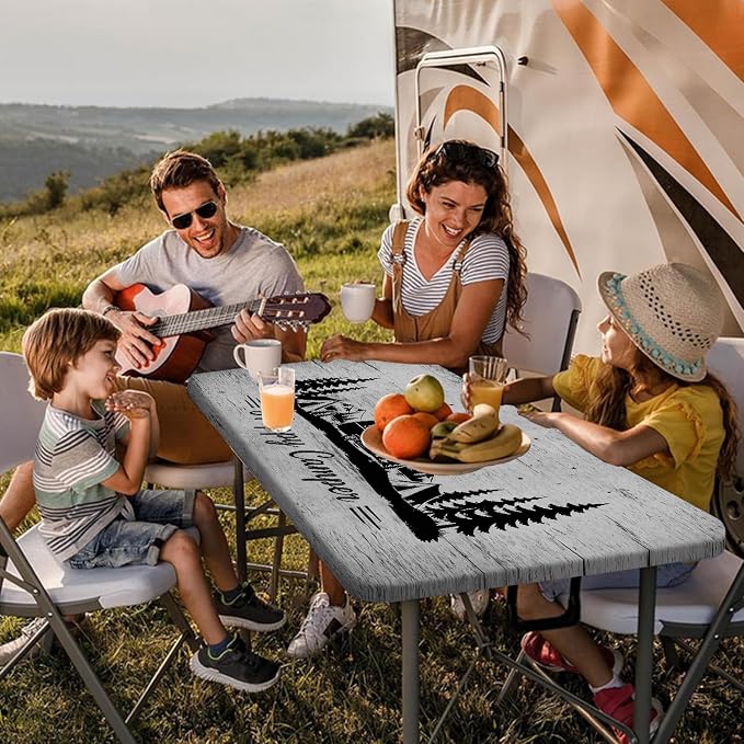 Picnic Table Cover with Bench Covers and Drawstring Bag, Camping Essentials, Happy Camper Camping Tablecloth, Waterproof Windproof Elastic Edges Fitted Rectangle Tables, 3PCS, 30x60 Inch