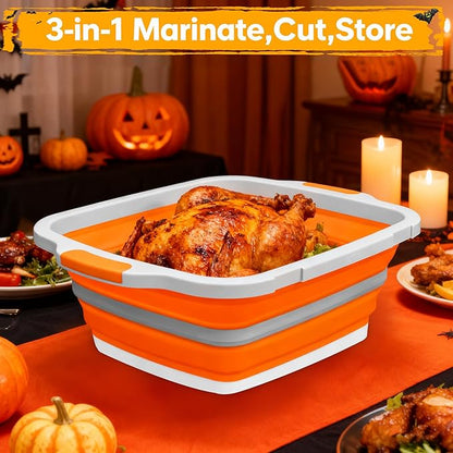 BBQ Prep Tub with Lid and Cutting Board - Collapsible Barbecue Tool Set for Marinating, Grilling, BBQ Prep Station for Outdoor Cooking, Camping Kitchen Accessories & Barbecue Utensils, X-Large Orange