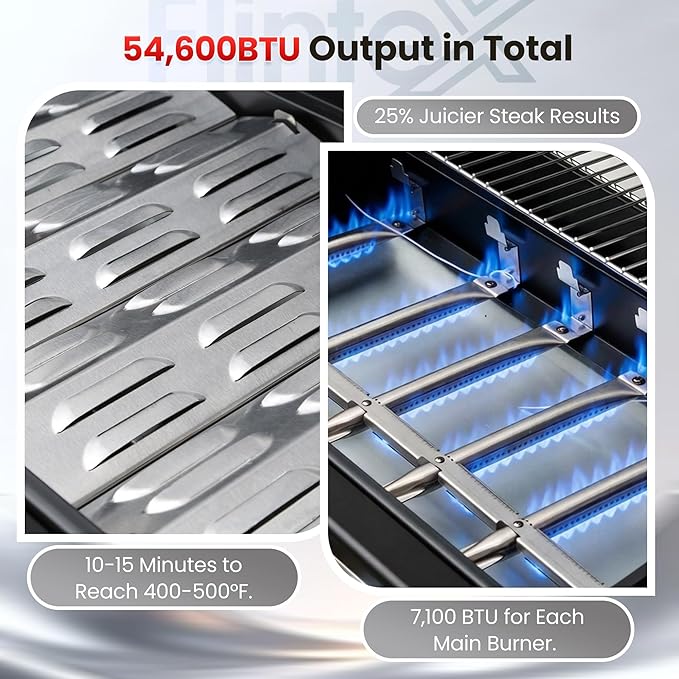 Flintex 6-Burner Propane Gas Grill with Infrared Searing Side Burner and Porcelain-Enameled Cast Iron Grates & Pan, Outdoor BBQ Grill with 53,500 BTU Output, 630 sp.in. Cooking Area, Black