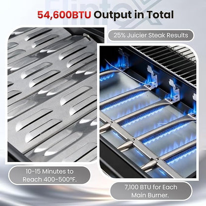 Flintex 6-Burner Propane Gas Grill with Infrared Searing Side Burner and Porcelain-Enameled Cast Iron Grates & Pan, Outdoor BBQ Grill with 53,500 BTU Output, 630 sp.in. Cooking Area, Black