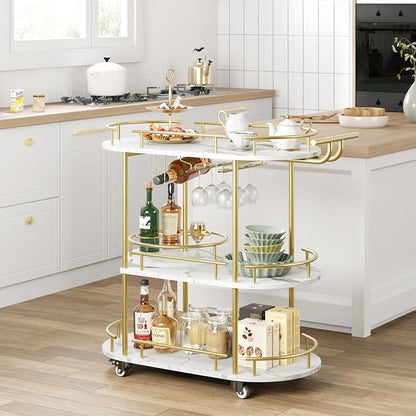 GarveeHome 3-Tier Bar Cart on Wheels, Mobile Serving Cart with Wine Rack and Glass Holder, Metal Kitchen Utility Cart for Coffee Station, Mini Home Bar, Dining Room - Gold+White