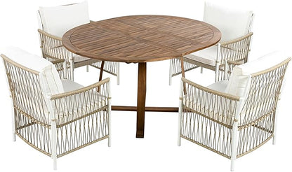Merax 5 Piece Patio Dining Set, Outdoor Acacia Wood Extendable Round Table with 12 Inch Butterfly Leaf and 4 Rattan Arm Chairs w/Cousions & Pillows for Backyard,Balcony, Garden, Poolsid, Natural