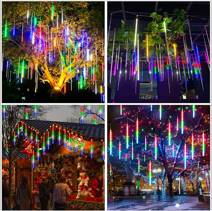 Aluan Outdoor Meteor Shower Rain Lights, 40cm/16inch 10 Tubes 360 LEDs Waterproof Falling Rain Hanging Lights with UL Plug for Christmas Holiday Party Home Garden Decor, Multicolor
