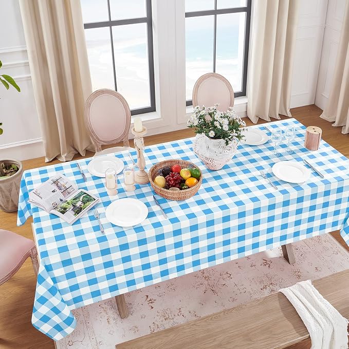 Softalker Gingham Checkered Tablecloth Rectangle - Outdoor Waterproof Buffalo Plaid Table Cloth, Stain Resistant Washable Table Cover for Picnic, Camping, Dining - Blue and White, 60 x 84 Inch