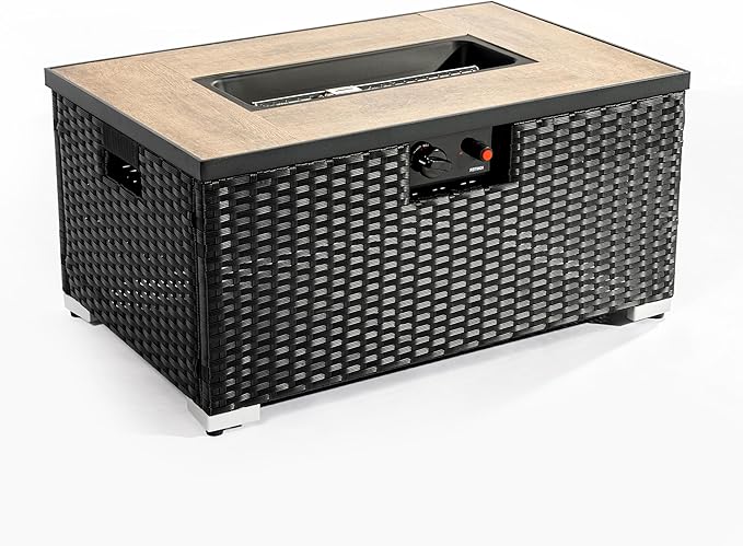 32in Gas Fire Pit Table Set, 50,000 BTU Propane Fire Pit Table Outdoor with Rain Cover, Hideaway Tank Holder Fits 20lb Tank, Gas Fire Pit for Outside w/Ceramic Tabletop and lid, Glass Rocks.