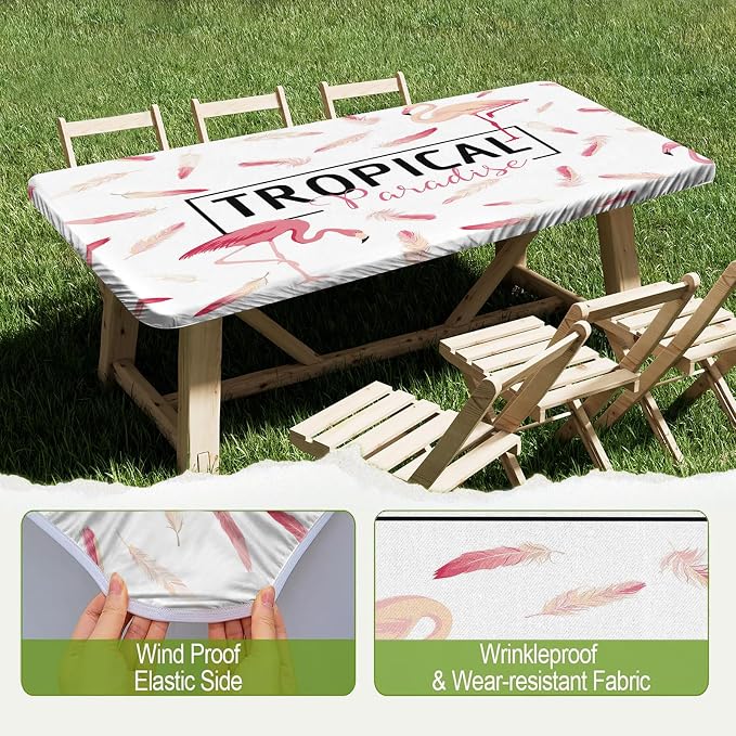 Irisbell Picnic Table Cover with Elastic Edge,6FT Wind Proof Wrinkleproof Fitted Tablecloth Cover Camping Beach Patio Rectangle Table Cloth for Indoor Outdoor (Tropical Flamingo, 30'' x 72'')