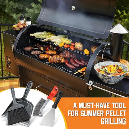 4 Piece Pellet Grill Ash Cleaning Kit, Includes Large Dust Pan, Soft Bristle Brush, Metal Scraper and Wire Brush for Easy Removal of Ash, Debris and Grime
