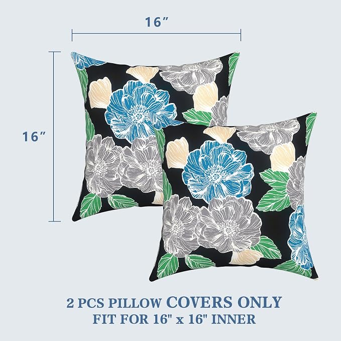 LVTXIII 2 Pack Outdoor Throw Pillow Covers for Patio Furniture, 16x16 Inch Square Pillow Case, Water-Repellent Cushion Covers for Garden, Porch, Sofa, Sketch Peony