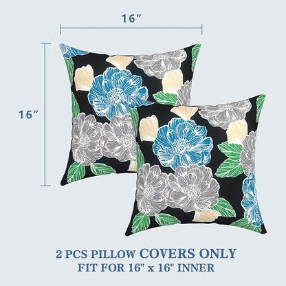 LVTXIII 2 Pack Outdoor Throw Pillow Covers for Patio Furniture, 16x16 Inch Square Pillow Case, Water-Repellent Cushion Covers for Garden, Porch, Sofa, Sketch Peony