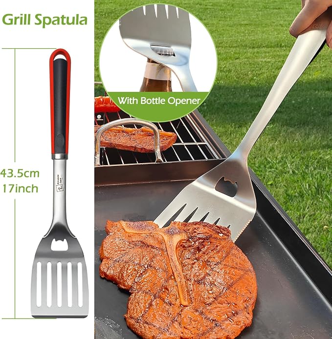 Double Two 4-Piece Stainless Steel BBQ Tool Set - Tong, Fork, Spatula, Brush - Utensils for Grill - Tools for Outdoor Grilling- BBQ Kits