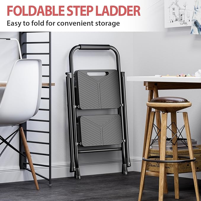 KINGRACK 2 Step Ladder, Folding Step Stool with Anti-Slip Pedals | Heavy Sturdy Steel ladder with Handrail, Safe-Lock Design, Multi-Purpose, Home, Kitchen, Pass 500lbs Load Testing, Black
