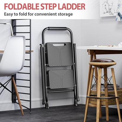 KINGRACK 2 Step Ladder, Folding Step Stool with Anti-Slip Pedals | Heavy Sturdy Steel ladder with Handrail, Safe-Lock Design, Multi-Purpose, Home, Kitchen, Pass 500lbs Load Testing, Black