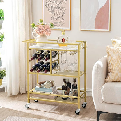 MAHANCRIS Bar Cart for Home, 3-Tier Serving Cart with Wheels and Handle, Beverage Cart with Wine Rack and Glass Holders, Rolling Wine Cart for Kitchen, Dining Room, Gold and White RCJM6101