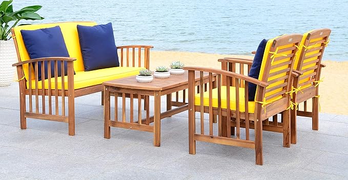 SAFAVIEH Outdoor Collection Rocklin Natural/ Yellow Cushions/ Navy Pillows 4-Piece Conversation Patio Set