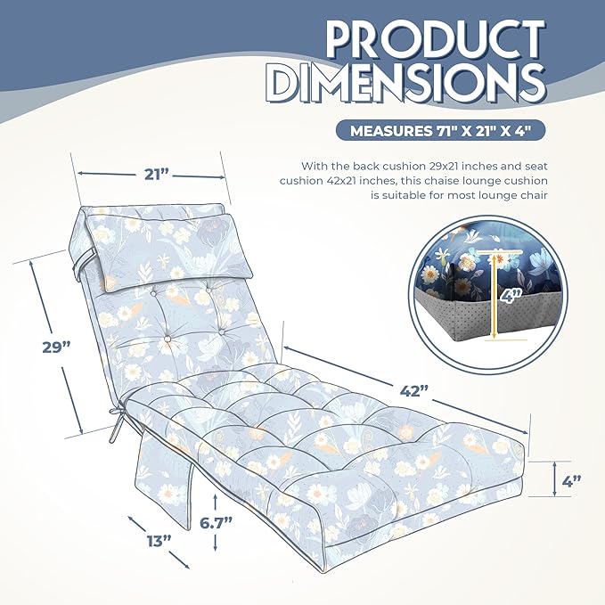 Outdoor Chaise Lounge Chair Cushion, Waterproof Outdoor Chair Cushions for Patio Furniture, 71 x 21 x 4 Inches Replacement Chaise Lounge Cushion with Ties (Blue Flower)