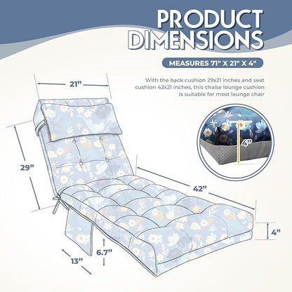 Outdoor Chaise Lounge Chair Cushion, Waterproof Outdoor Chair Cushions for Patio Furniture, 71 x 21 x 4 Inches Replacement Chaise Lounge Cushion with Ties (Blue Flower)