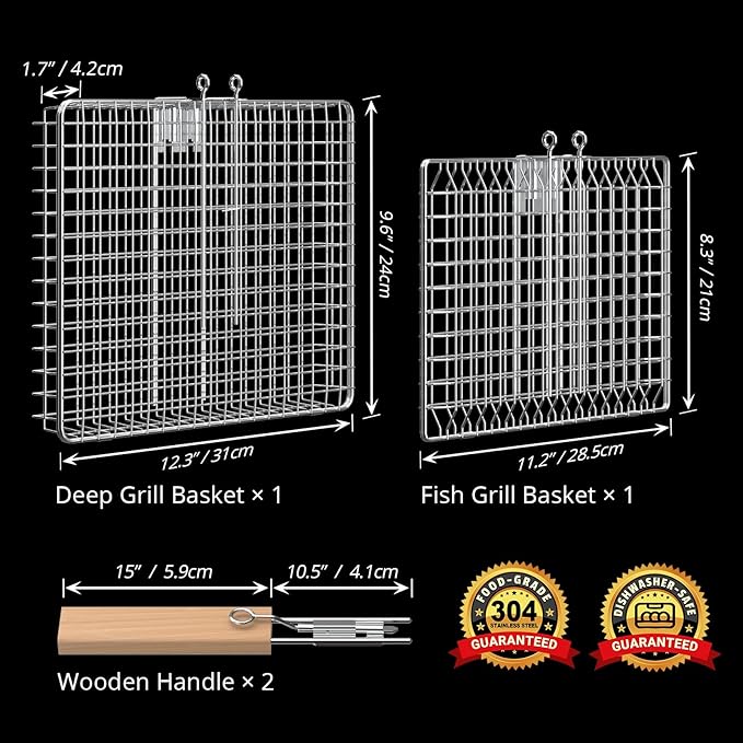 ivtivfu Fish Grill Basket Set, Removable Wooden Handle, 304 Stainless Steel, Nesting BBQ Tools, Smoker Grilling Accessories for Vegetable, Outdoor Cooking Camping, Birthday Gifts for Men Dad Husband