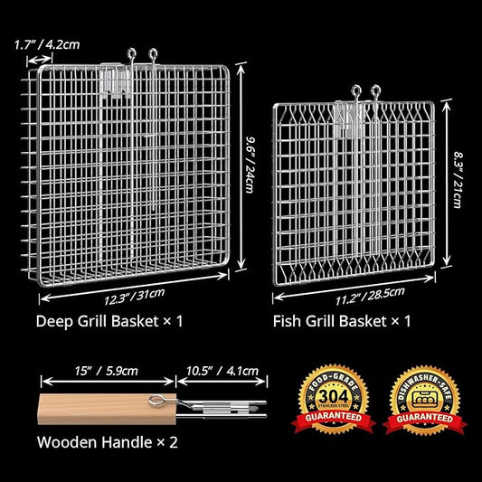 ivtivfu Fish Grill Basket Set, Removable Wooden Handle, 304 Stainless Steel, Nesting BBQ Tools, Smoker Grilling Accessories for Vegetable, Outdoor Cooking Camping, Birthday Gifts for Men Dad Husband
