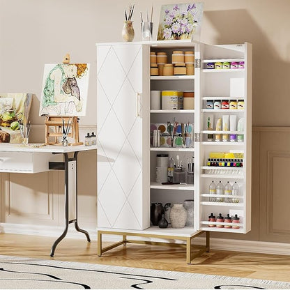 kepptory 51” Kitchen Pantry Storage Cabinet, White Freestanding Pantry Cabinets with Doors and Adjustable Shelves, Buffet Cupboards Storage Cabinet for Home Office Use, Dinning Room(White + Gold)