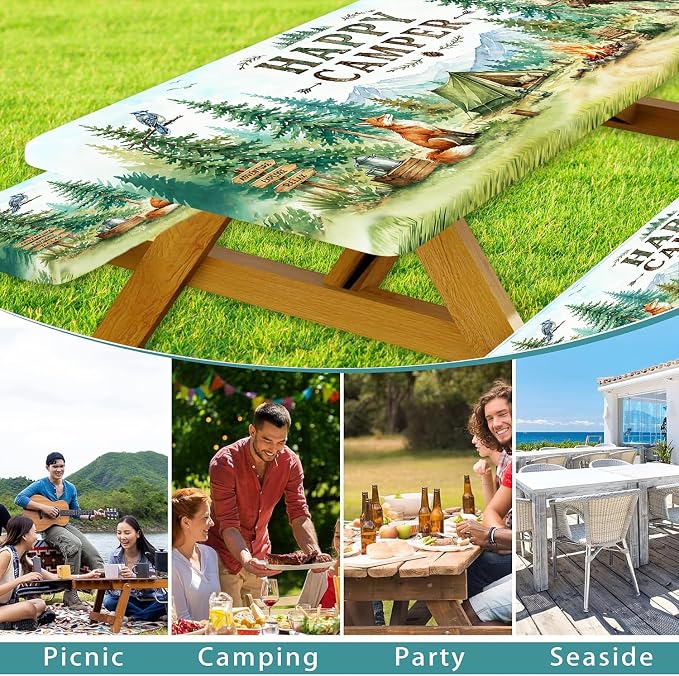 Picnic Table Cover with Bench Covers and Bag, Wildlife Animals Forest Mountain Waterproof Elastic Fitted Tablecloths for Rectangle Tables, Washable Tablecloth for Camping, Outdoor, 3 Pcs, 30x72 Inch