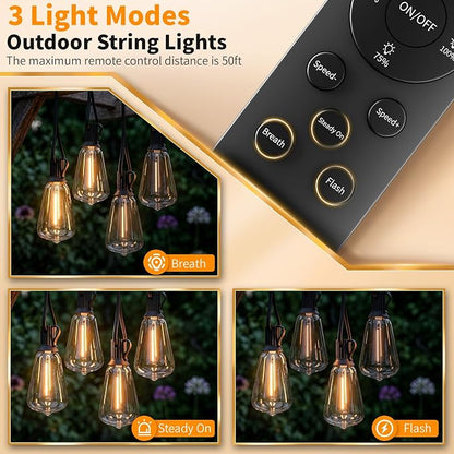 Hotsonic Remote Control Outdoor String Lights Waterproof, 50FT LED Outside Lights with Shatterproof Bulbs, Dimmable Hanging Lights 3 Modes for Patio Porch Garden Pergola Yard House Bistro Party Decors